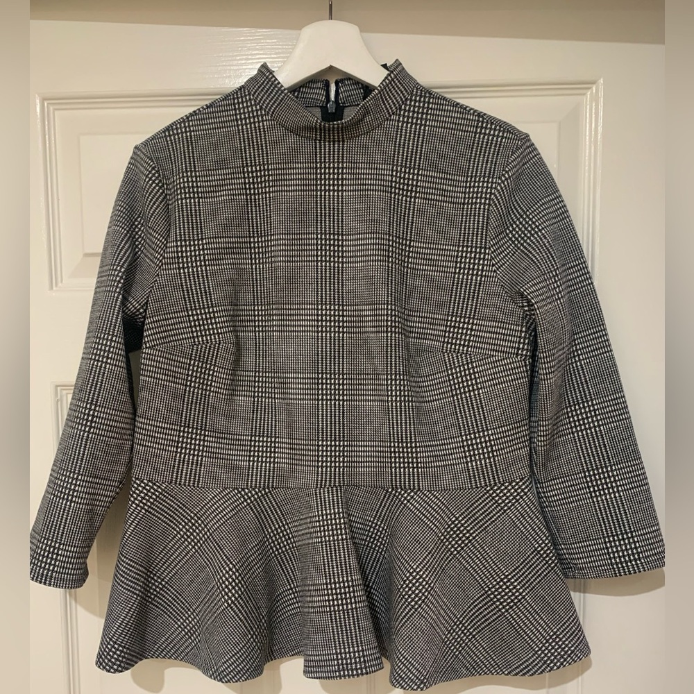 Houndstooth 3/4 Sleeve Peplum Top Shirt
